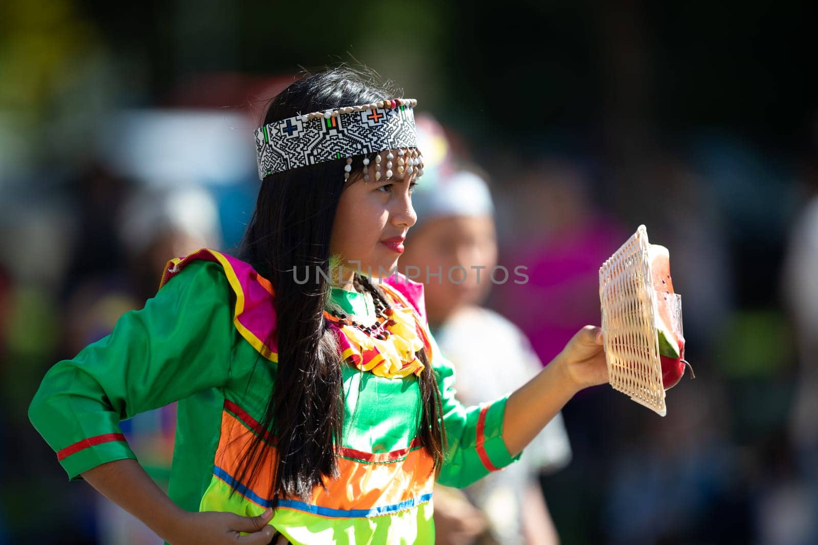 Washington, D.C., USA - September 29, 2018: The Fiesta DC Parade, peruvian girl wearing traditional clothing danicng during the parade