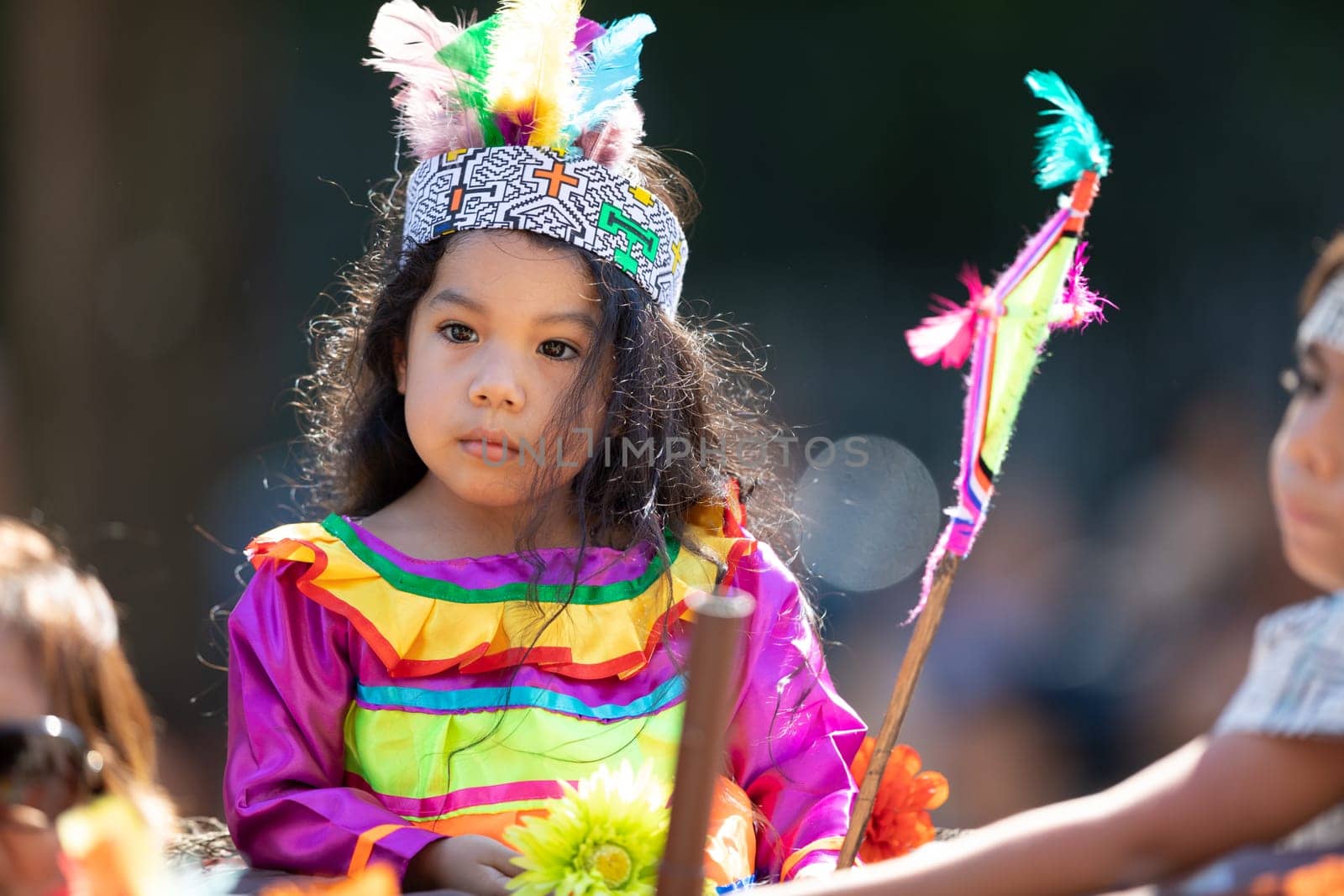 Washington, D.C., USA - September 29, 2018: The Fiesta DC Parade, peruvian child wearing traditional clothing on a float