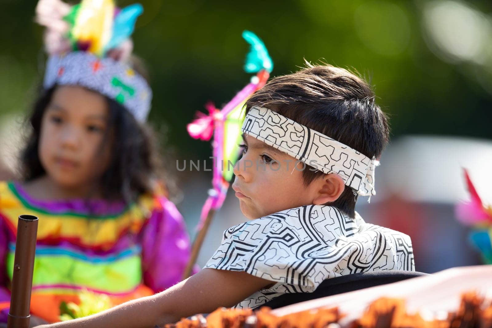 Washington, D.C., USA - September 29, 2018: The Fiesta DC Parade, peruvian child wearing traditional clothing on a float