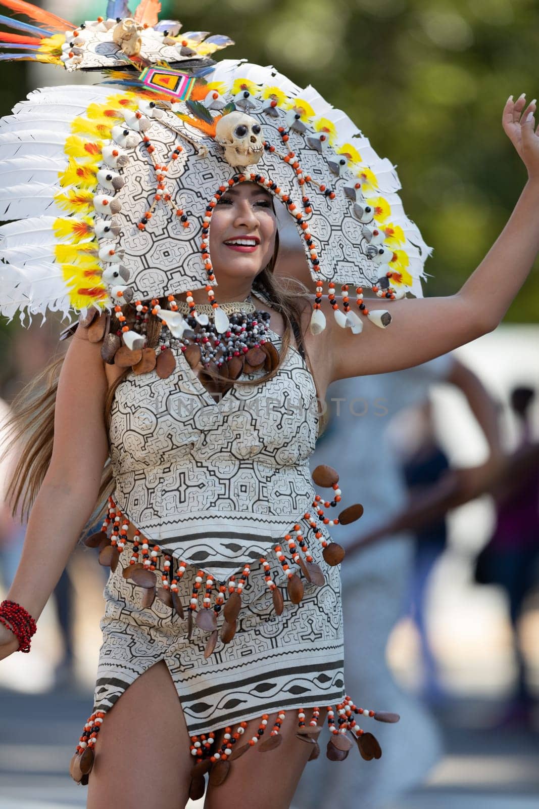 Washington, D.C., USA - September 29, 2018: The Fiesta DC Parade, peruvian woman wearing traditional clothing danicng during the parade