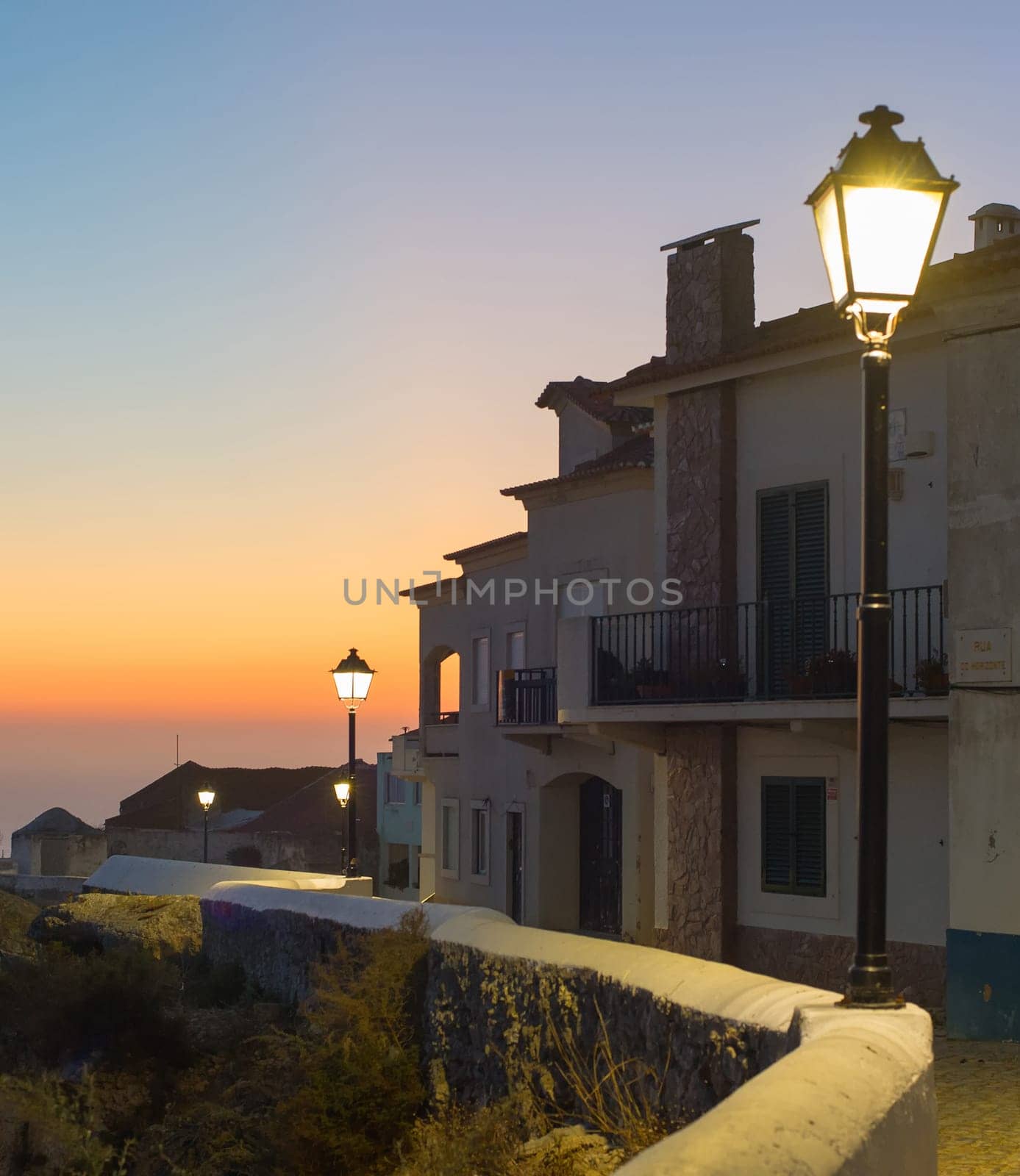 Portugal seaside Old Town street at twilight. Nazare, Portugal