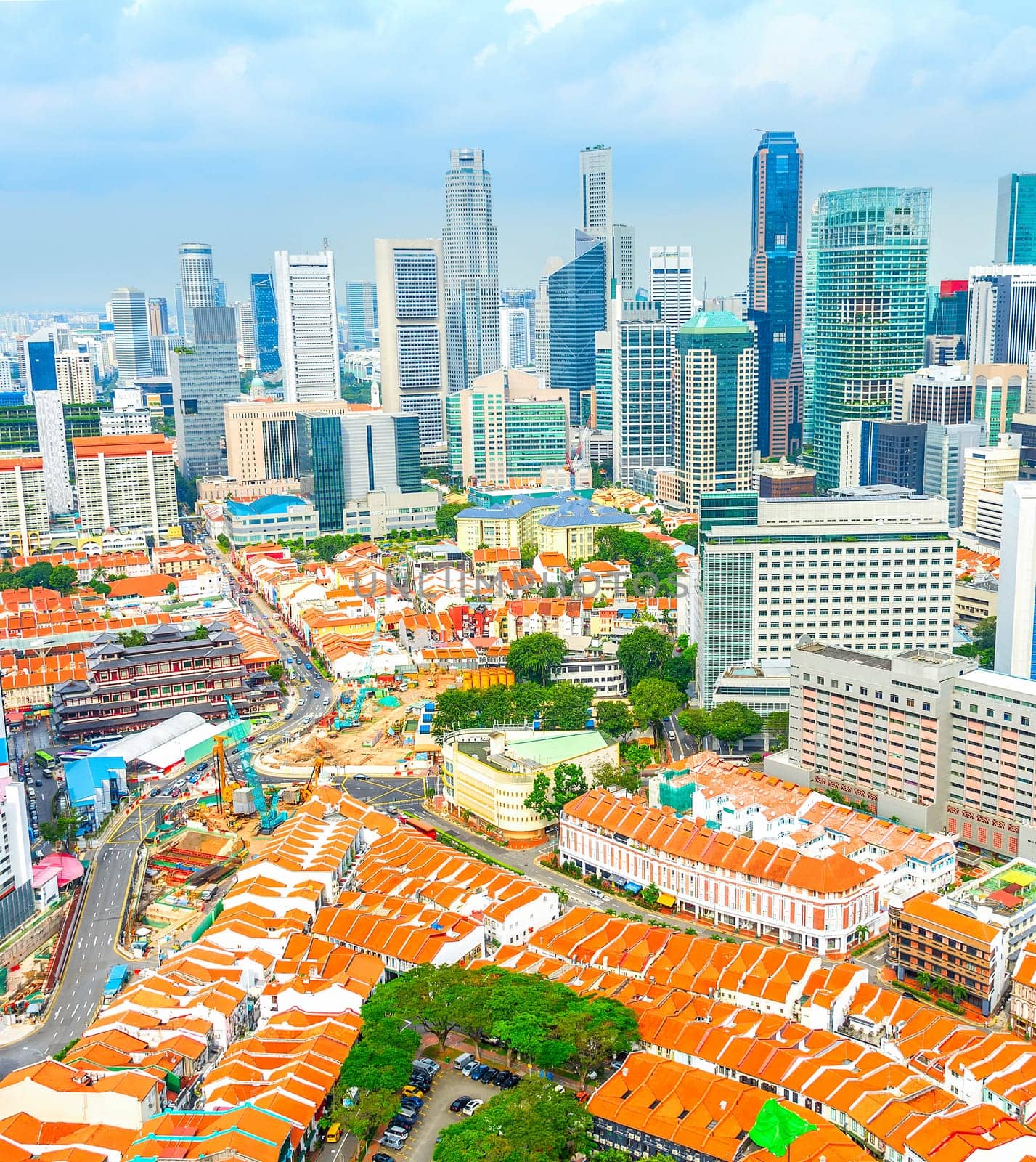 Aerial cityscape of Singapore downtown of modern architecture with skyscrapers, chinatown district below
