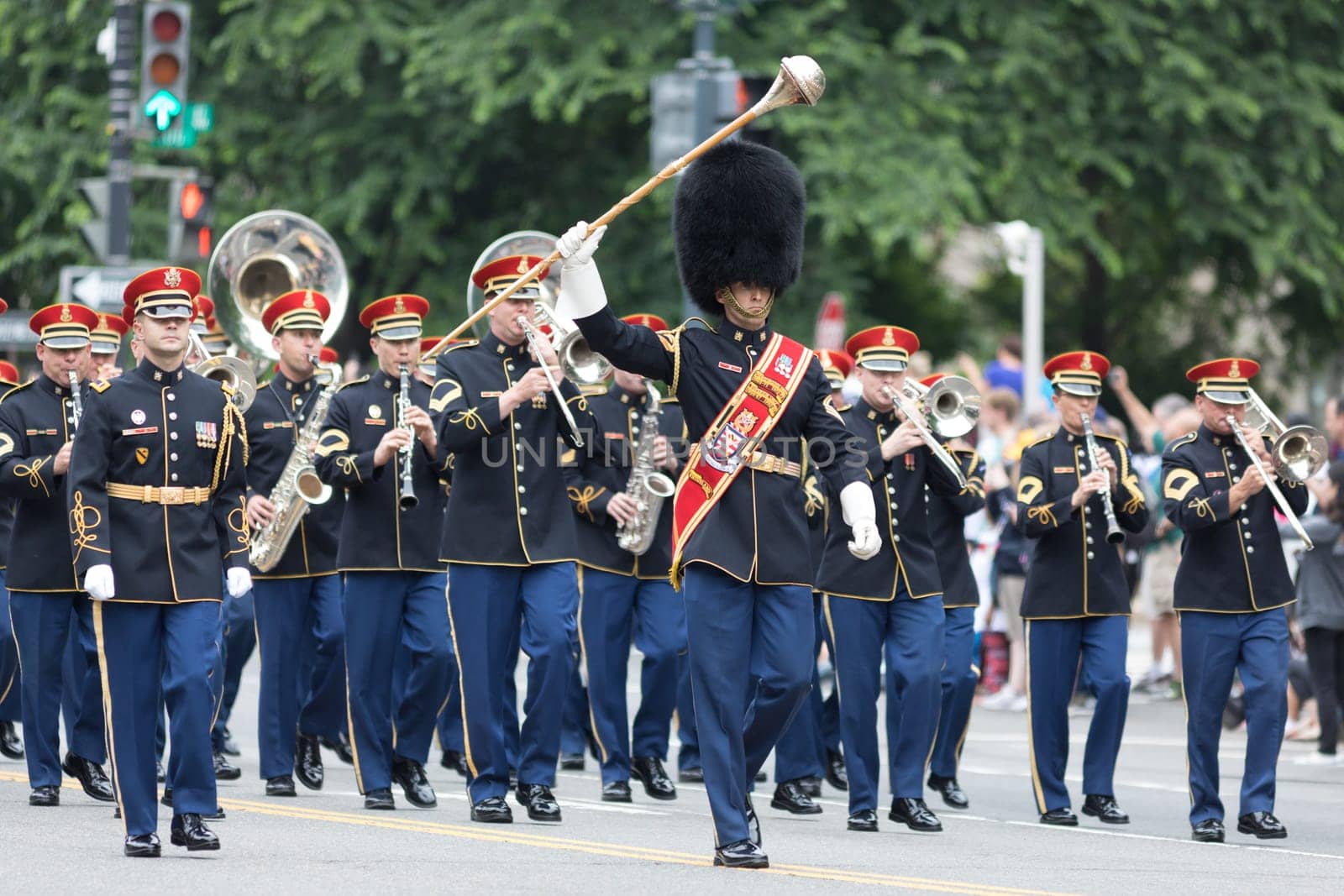 Washington, D.C., USA - May 28, 2018: The National Memorial Day Parade, Marching band, part of the United States Army perform at the parade.