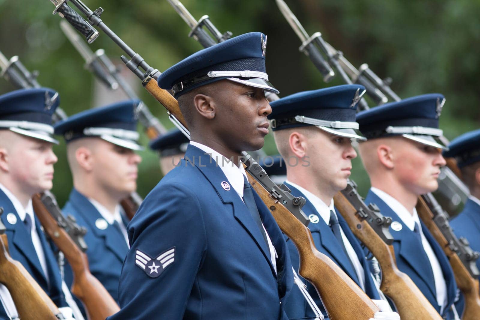 Washington, D.C., USA - May 28, 2018: The National Memorial Day Parade, Members of the United States Air Force, with Rifles, marching down Constitution Avenue