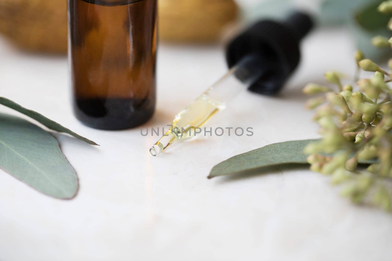 Dropper full of eucalyptus oil with leaves and bottle surrounding it.