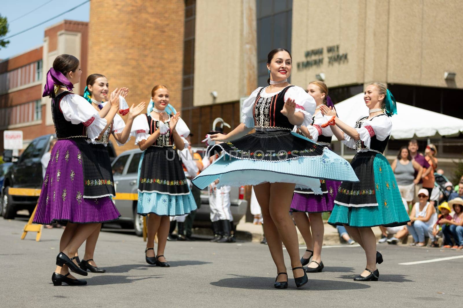 Whiting, Indiana, USA - July 28, 2018 Men and women wearing traditional slovak clothing perform traditional slovak dances at the Pierogi Fest