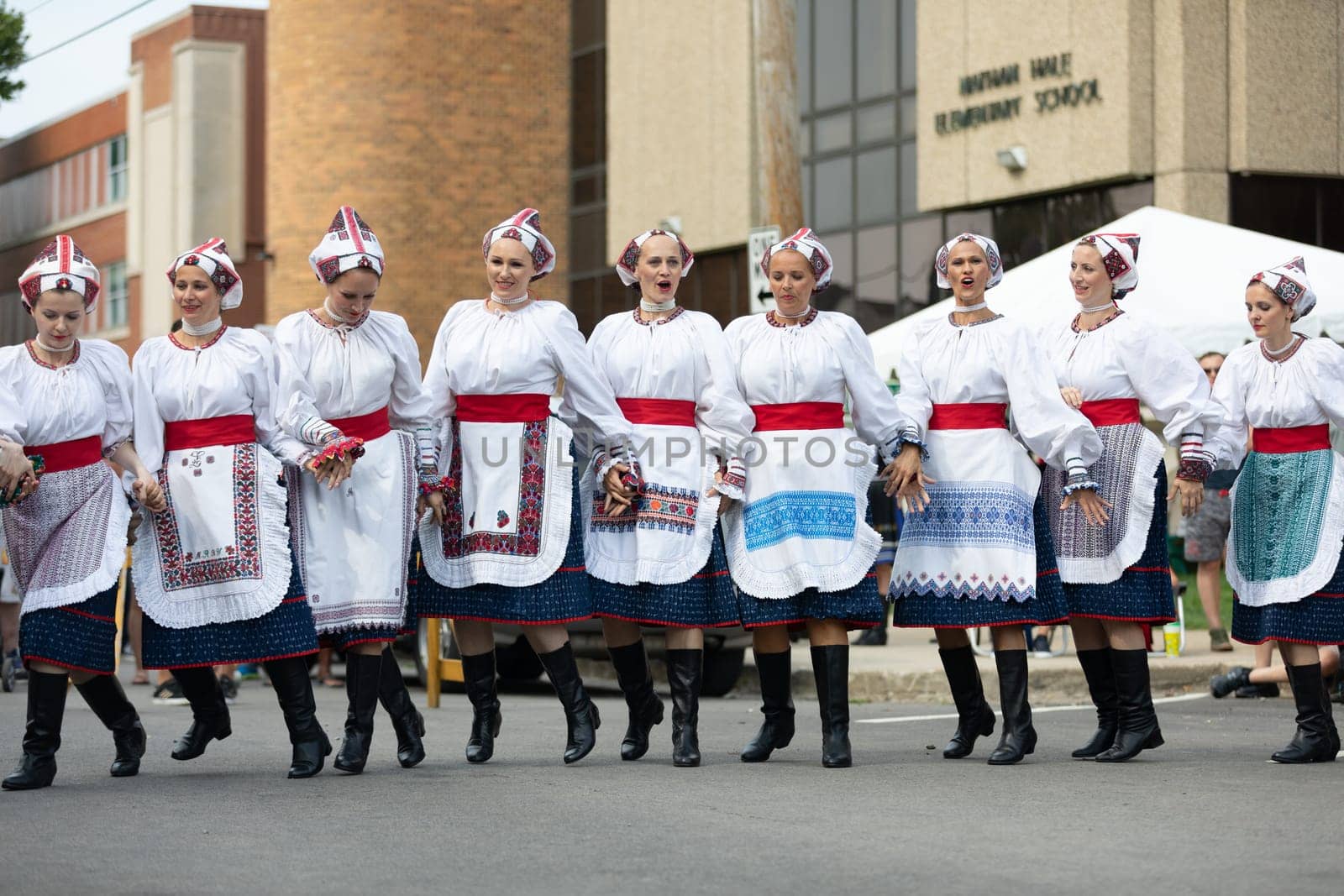 Whiting, Indiana, USA - July 28, 2018 Men and women wearing traditional slovak clothing perform traditional slovak dances at the Pierogi Fest