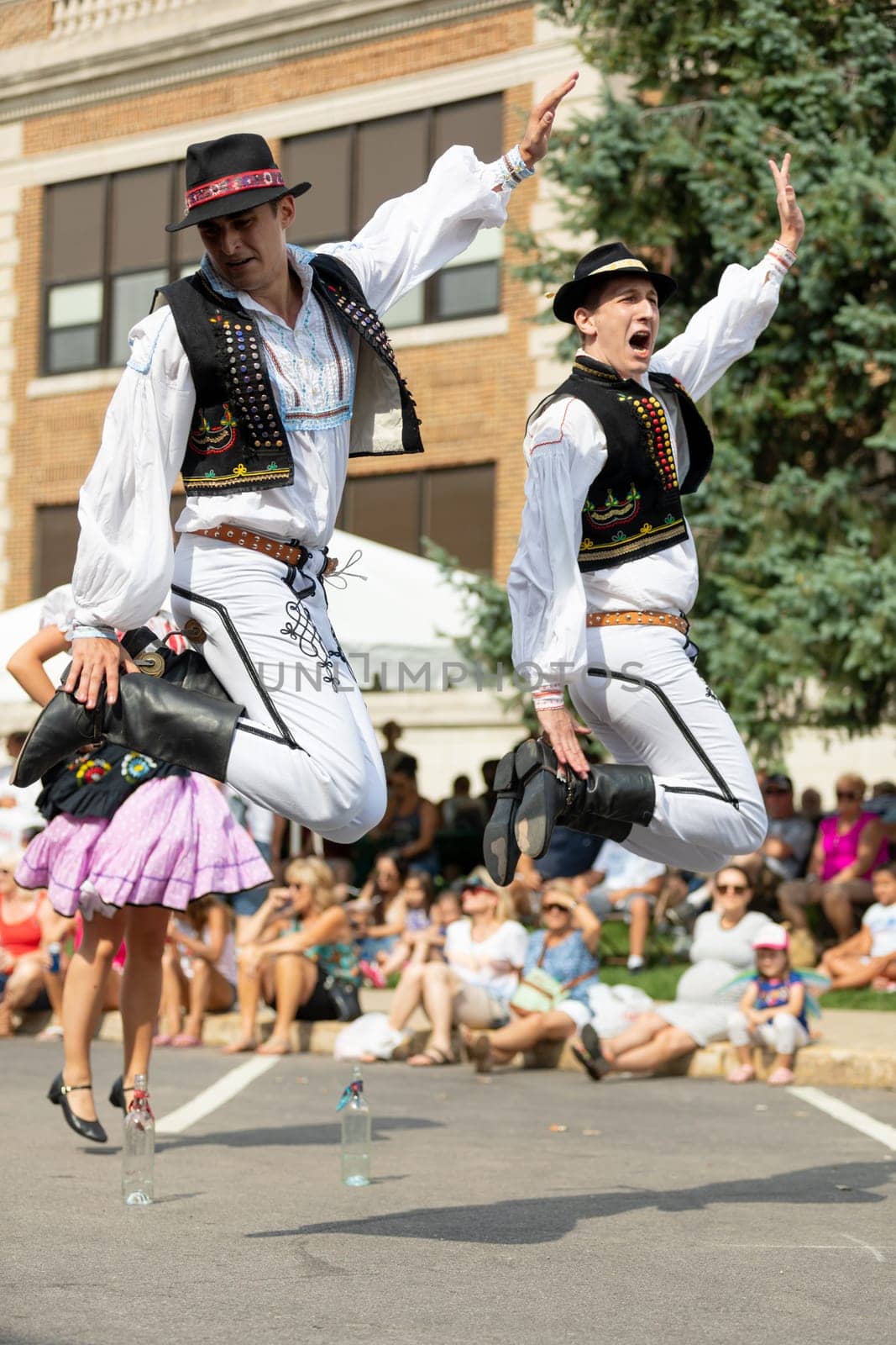 Whiting, Indiana, USA - July 28, 2018 Men and women wearing traditional slovak clothing perform traditional slovak dances at the Pierogi Fest