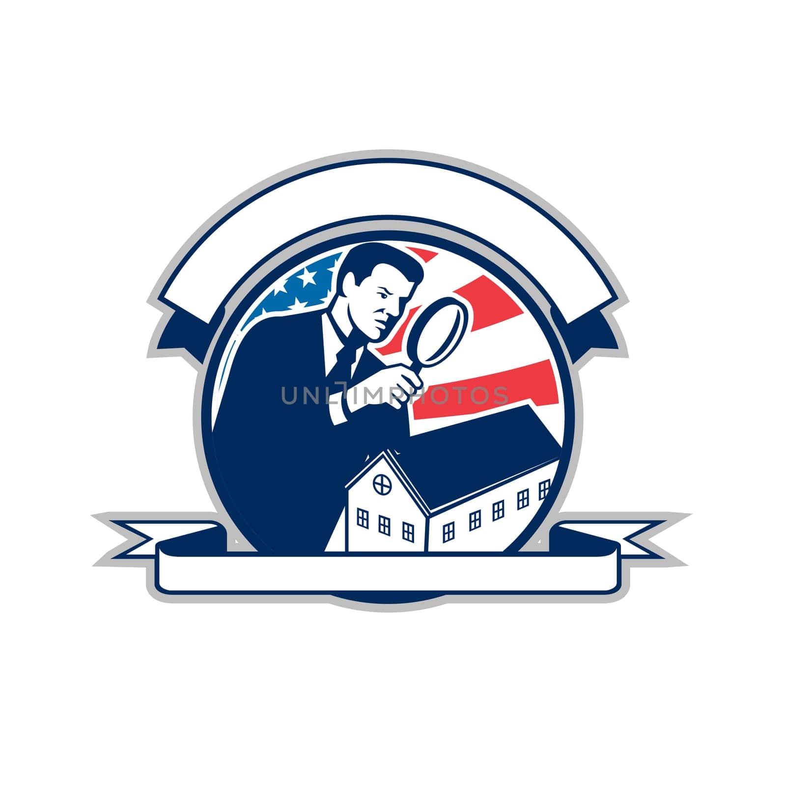 Icon retro style illustration of an American home inspector with magnifying glass and United States of America USA star spangled banner or stars and stripes flag inside circle isolated background.