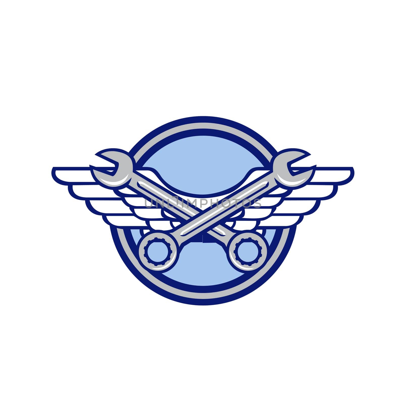 Icon retro style illustration of a crossed spanner or wrench and air force, aviator or army wings set inside circle on isolated background.