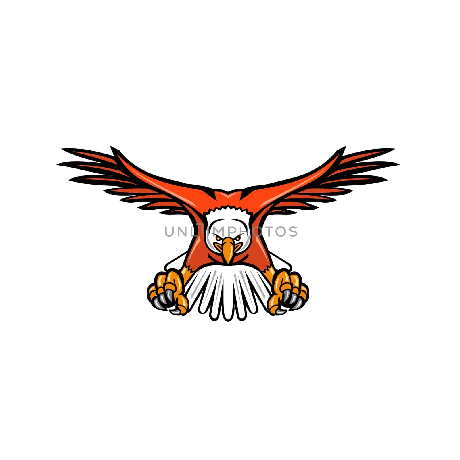 Mascot icon illustration of a bald eagle, sea eagle or American eagle swooping down with talons facing viewed from front on isolated background in retro style.