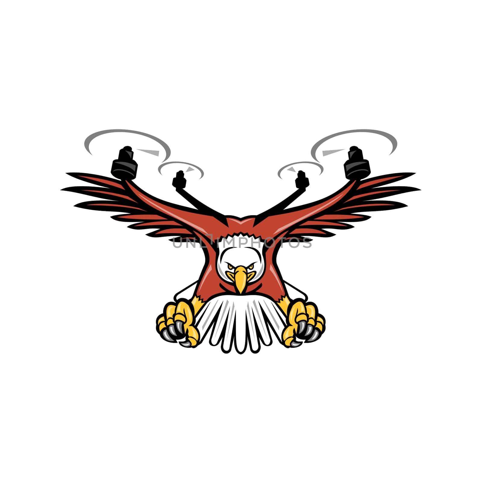 Mascot icon illustration of a half eagle half drone or quadcopter with four rotor propellers swooping down with talons facing viewed from front on isolated background in retro style.