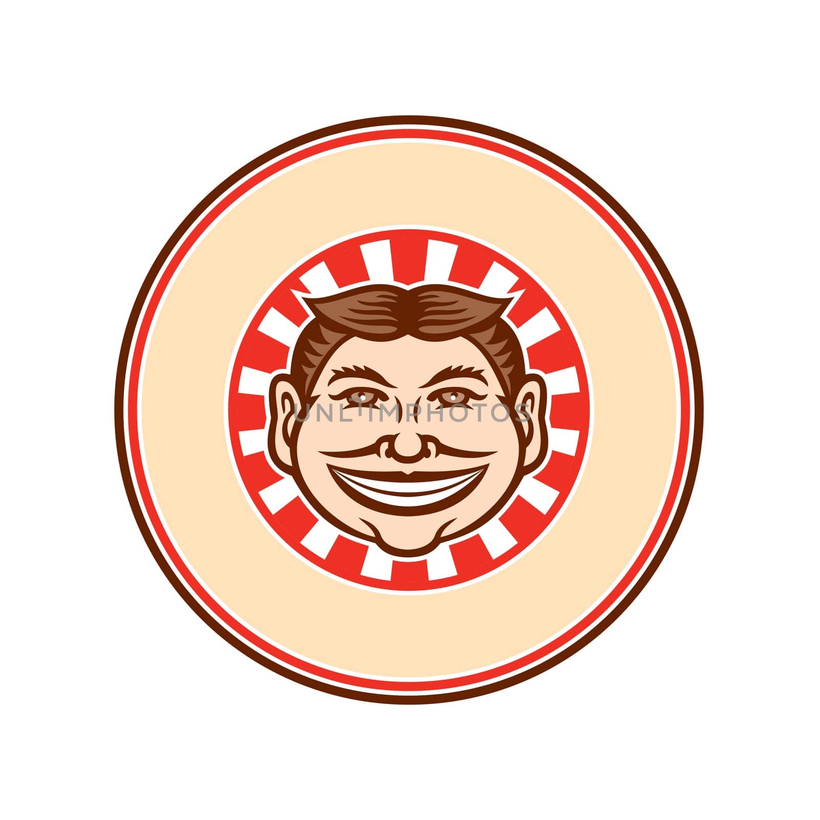 Mascot icon illustration of head of a grinning, leering, smiling funny face slyly beaming mug with hair parted in middle viewed from front with sunburst set inside circle on isolated background in retro style.