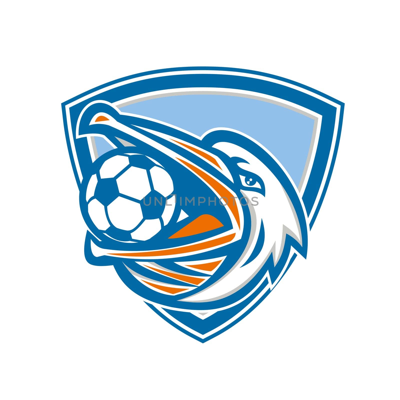 Illustration of a head of a pelican bird with soccer or football ball inside mouth looking up to the side set inside shield crest done in retro style.