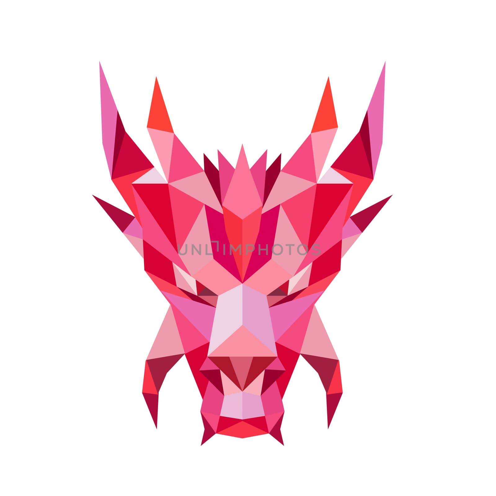 Low polygon style illustration of a head of a mythical dragon,serpent-like legendary creature that appears in  folklore of many cultures viewed from front on isolated white background.