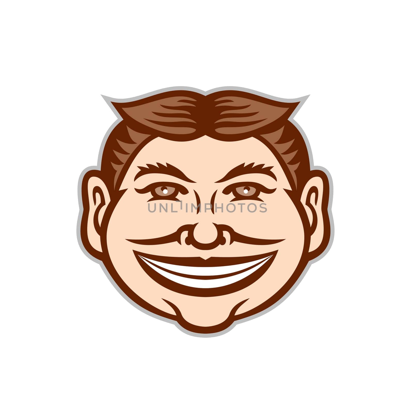 Mascot icon illustration of head of a funny face grinning, leering, smiling slyly beaming mug with hair parted in middle viewed from front on isolated background in retro style.