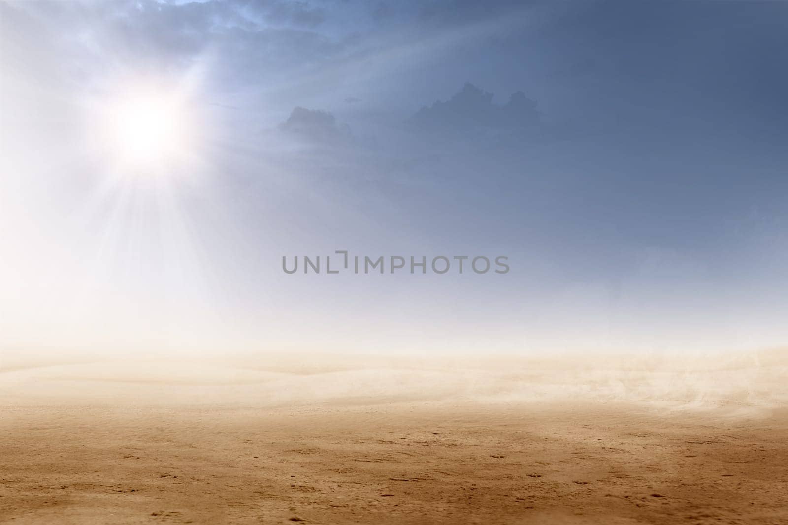Views of desert with sunlight over dark sky background