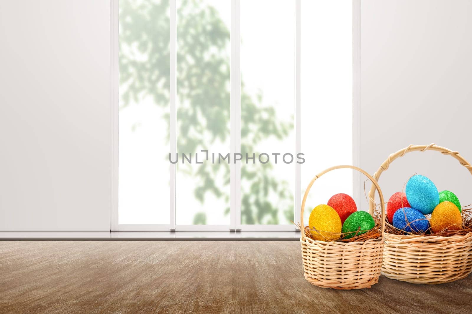 Colorful easter eggs in the nest on two wooden basket with wooden floor and white wall with window glass over outdoors background. Happy Easter