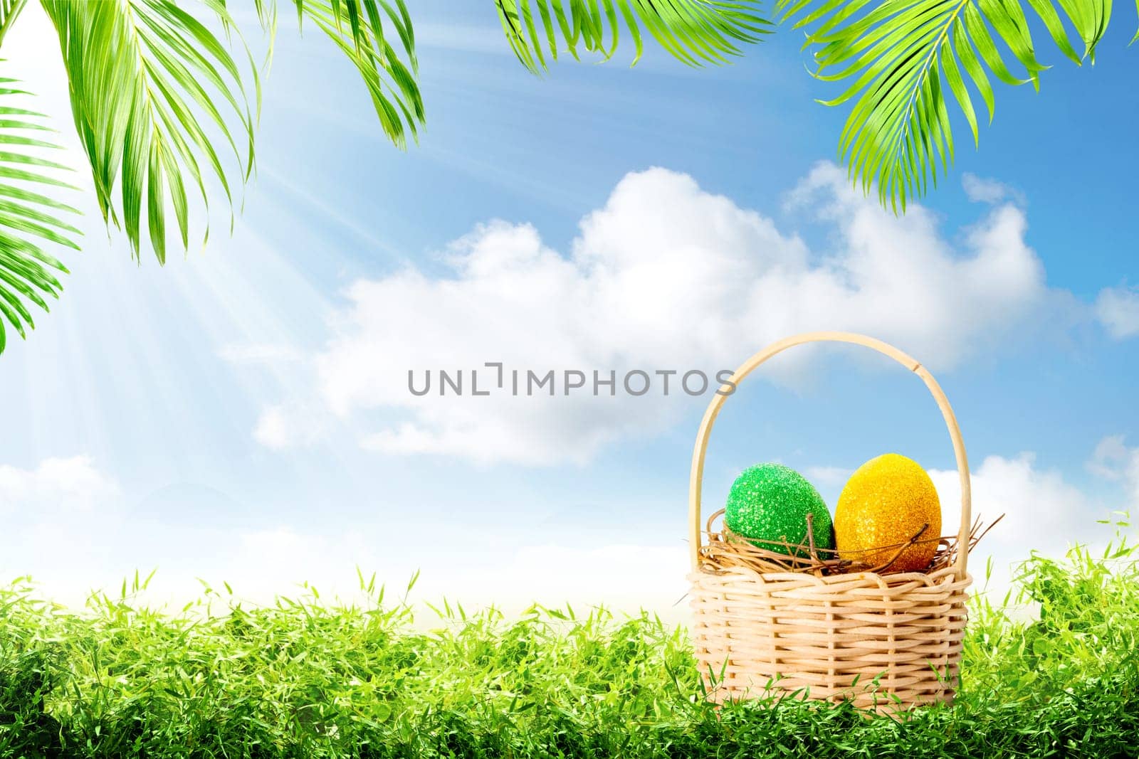 Colorful easter eggs in the nest on wooden basket on the green grass with palm branches and blue sky background. Happy Easter