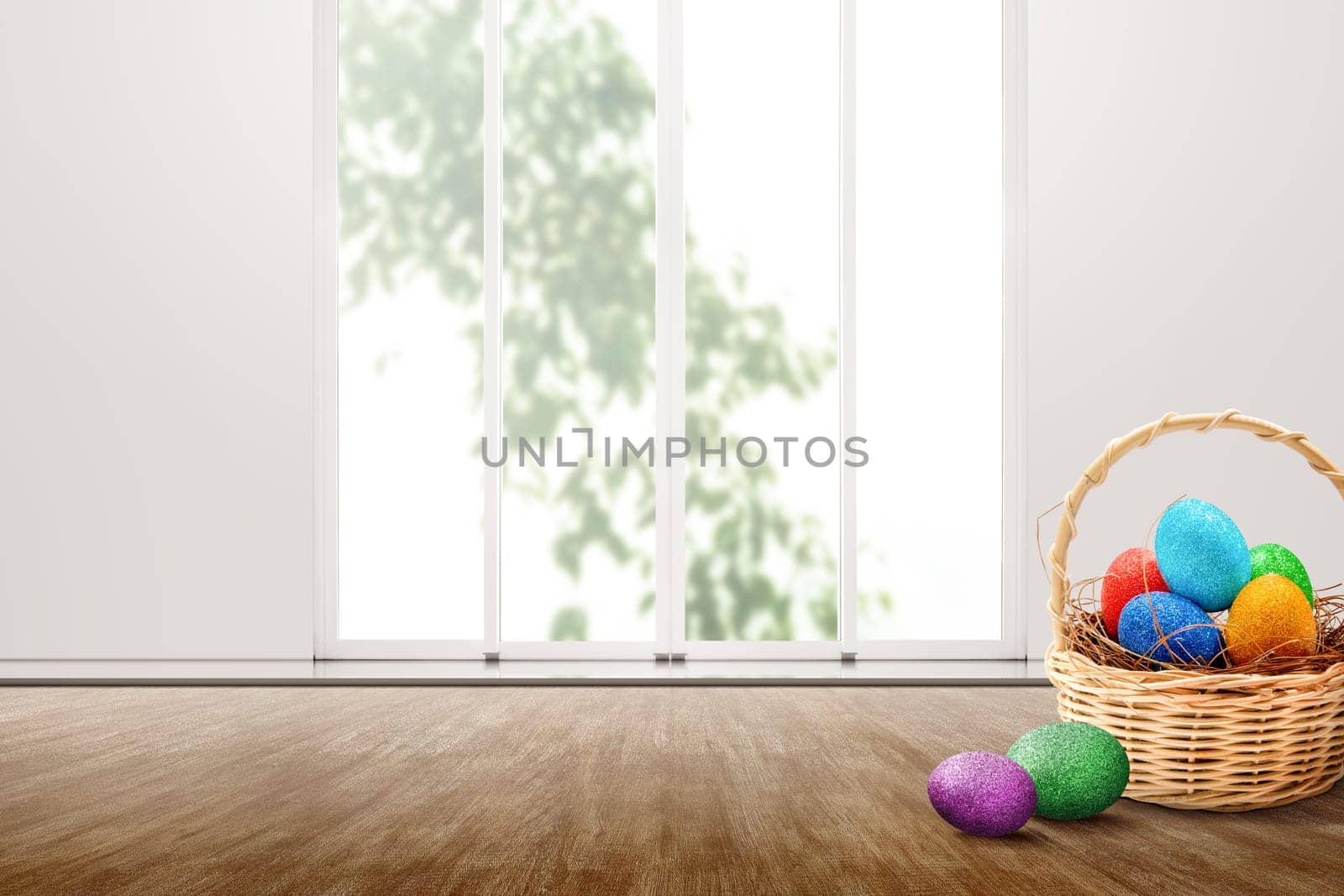 Colorful easter eggs in the nest on wooden basket and wooden floor with white wall and window glass over outdoors background. Happy Easter