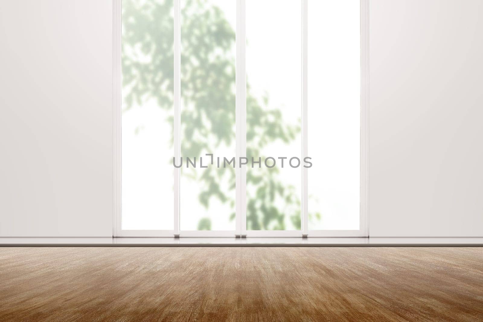 Interior room with wooden floor and white wall with window glass over outdoors background