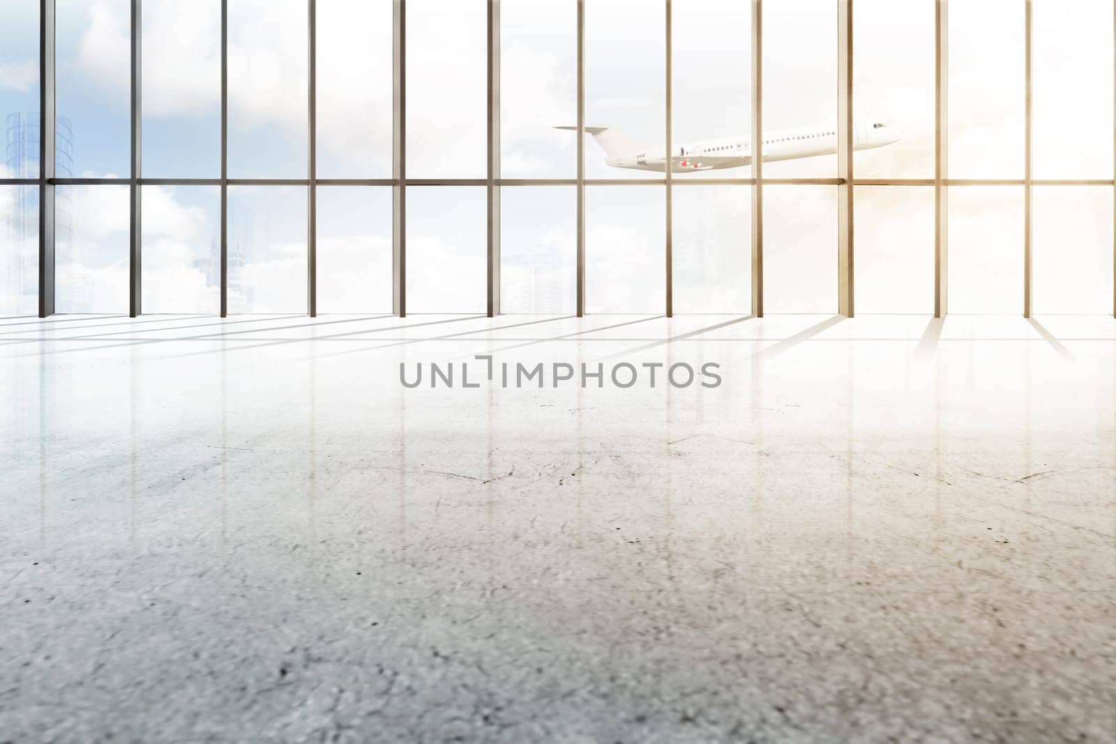 Empty airport hall with window of glass and flying airplane over blue sky background