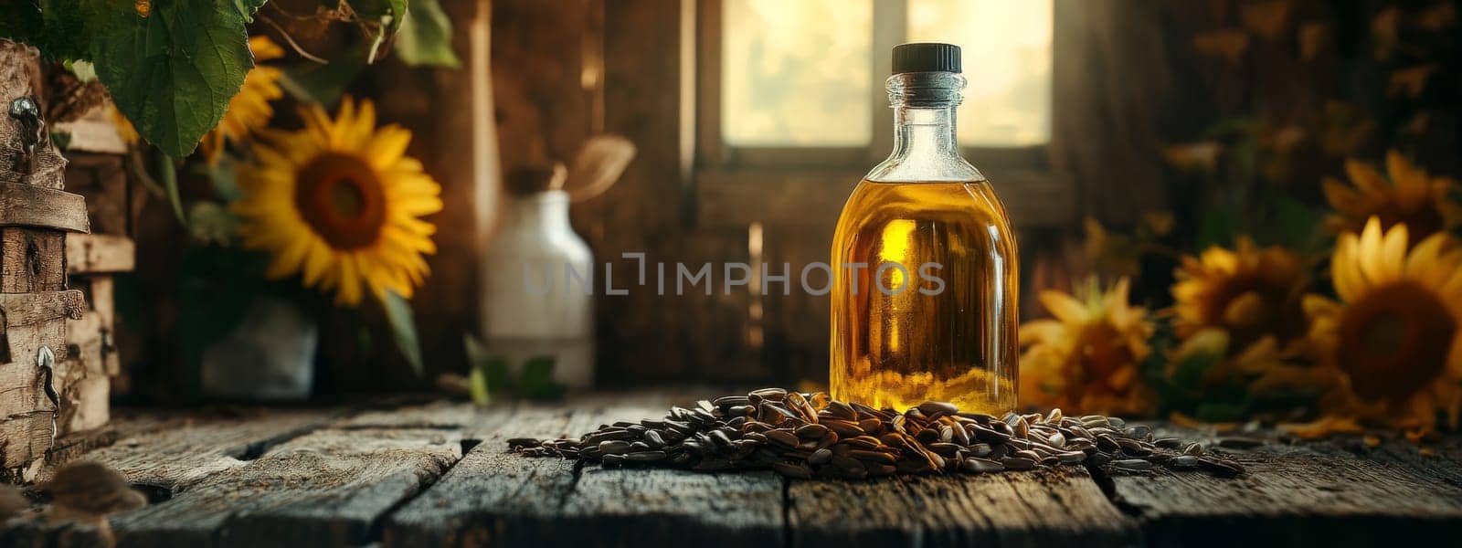 Sunflower oil extract in small bottle on wooden table, Generative AI, food