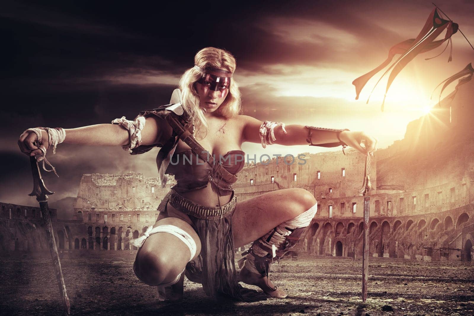 Ancient woman warrior or Gladiator in the arena with swords