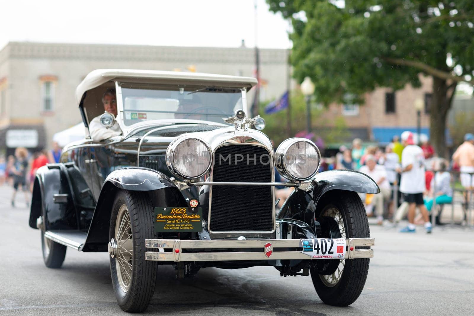 Auburn, Indiana, USA - September 9, 2018 The Auburn Cord Duesenberg Festival, A Duesenberg classic car driving down the street during the parade
