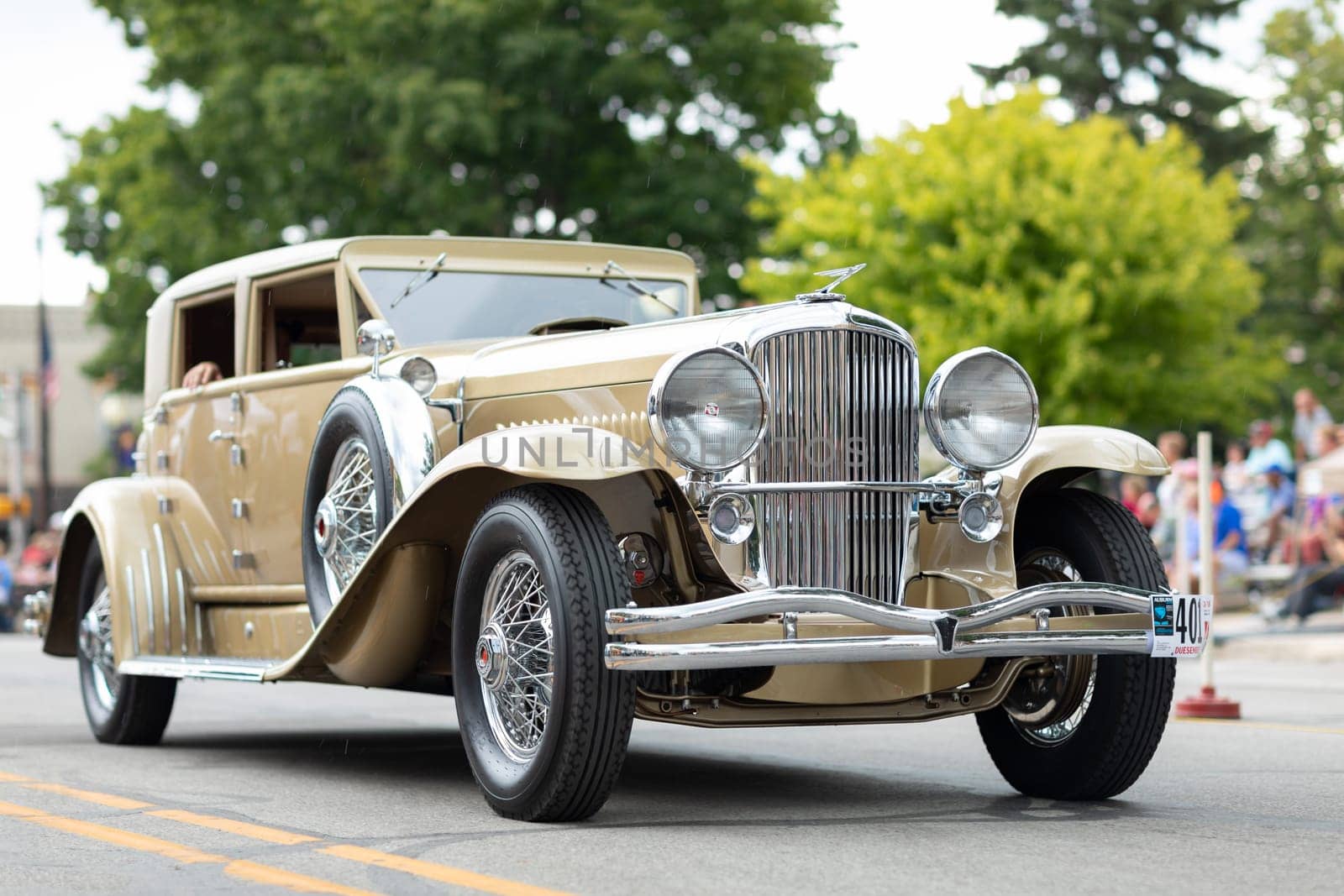 Auburn, Indiana, USA - September 9, 2018 The Auburn Cord Duesenberg Festival, A Duesenberg classic car driving down the street during the parade