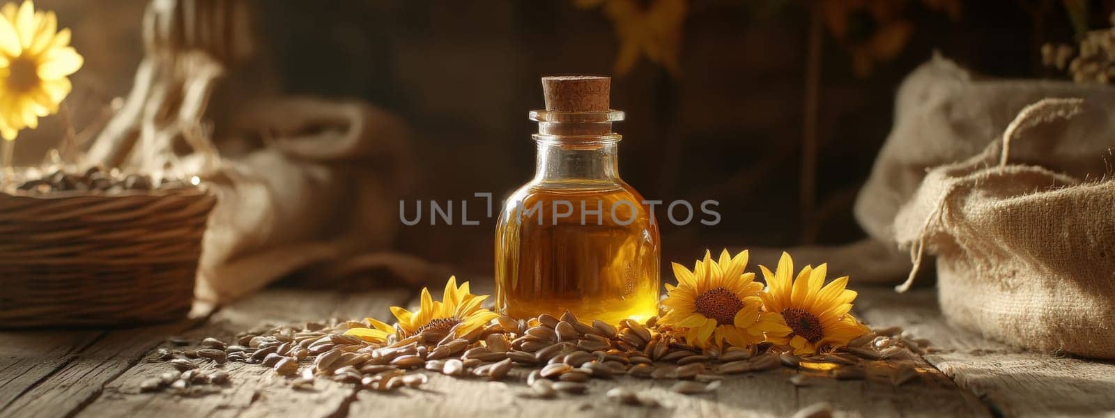 Sunflower oil extract in small bottle on wooden table, Generative AI, food