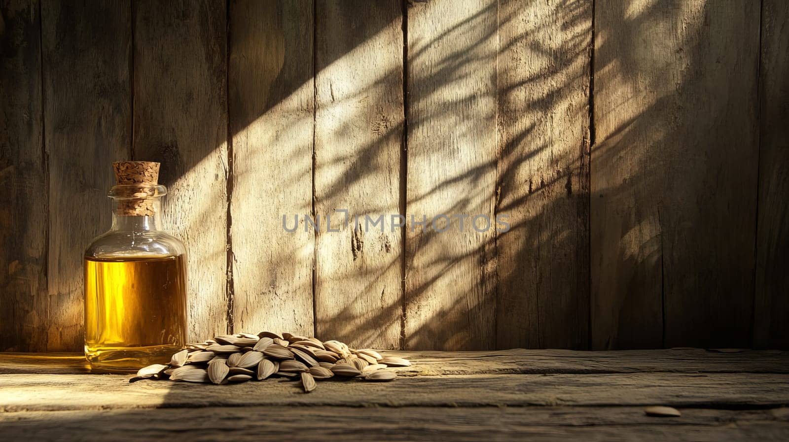 Sunflower oil extract in small bottle on wooden table, Generative AI, food