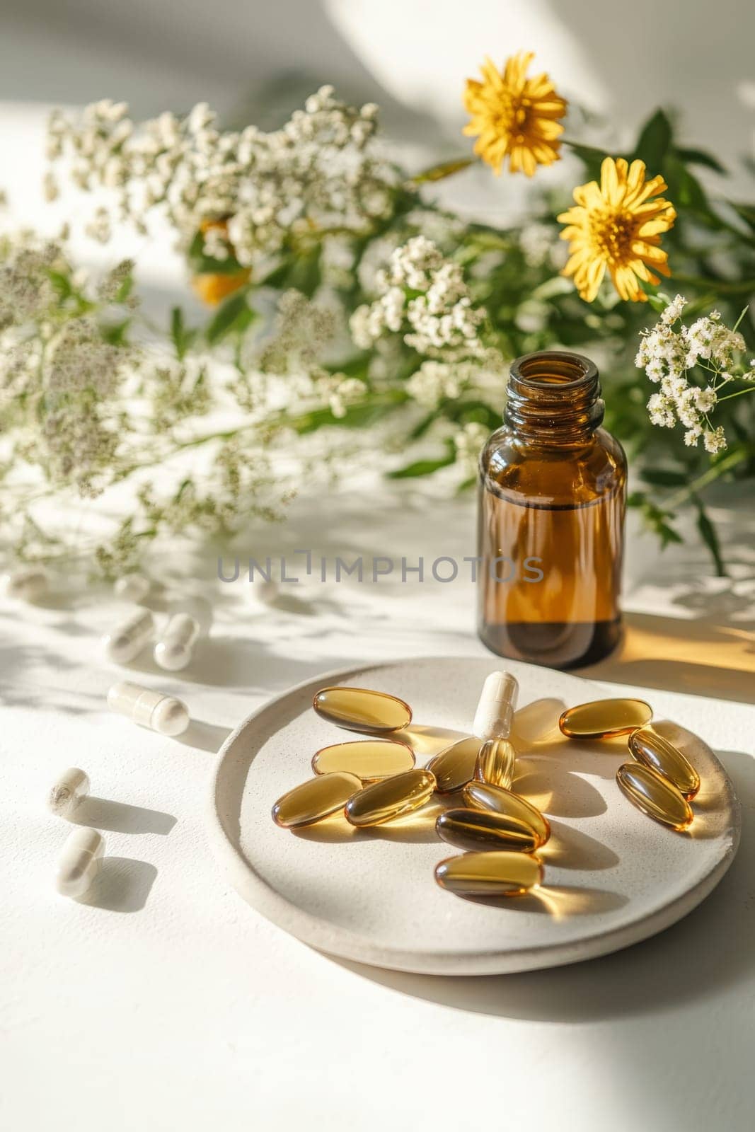 Supplements and vitamins with medicinal herbs. Selective focus. Generative AI, medical