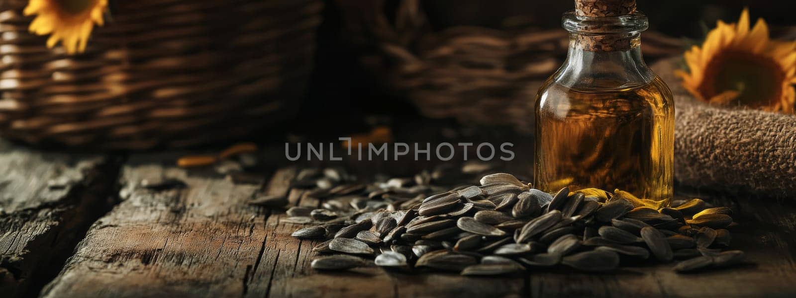 Sunflower oil extract in small bottle on wooden table, Generative AI, food