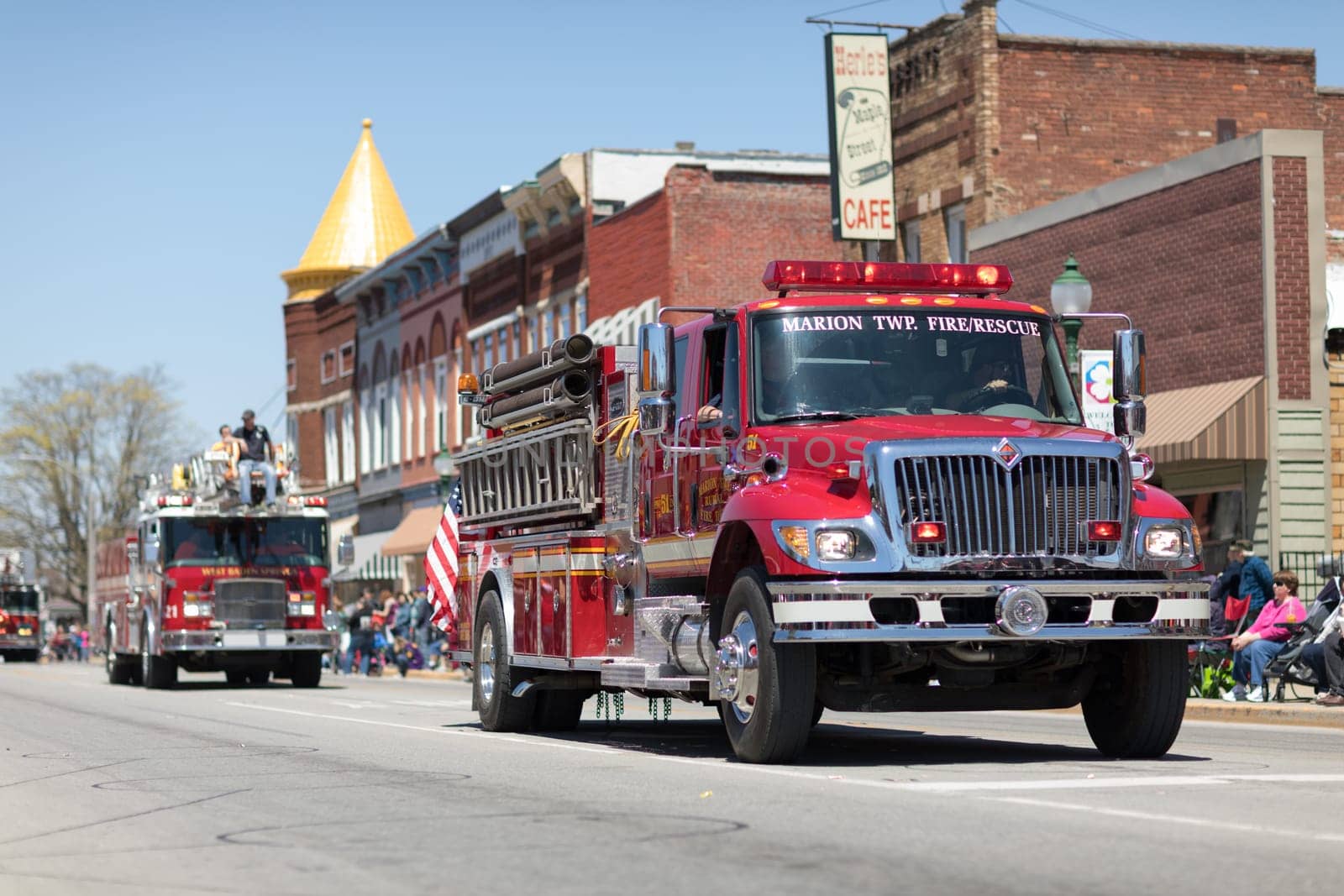 Orleans, Indiana, USA - April 28, 2018: The Orleans DogWood Festival and Parade, Fire Engines from the Marion TWP. Fire/Rescue going down the street during the parade