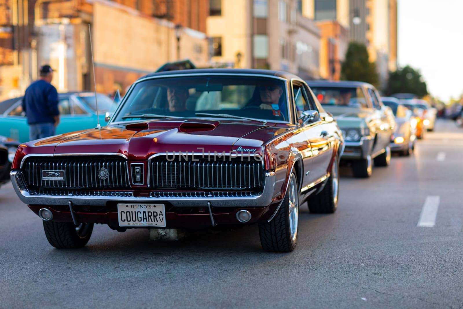 Springfield, Illinois, USA - September 22, 2018: The Route 66 Mother Road Festival, Mercury Cougar being driven on the streets of downtown Springfield