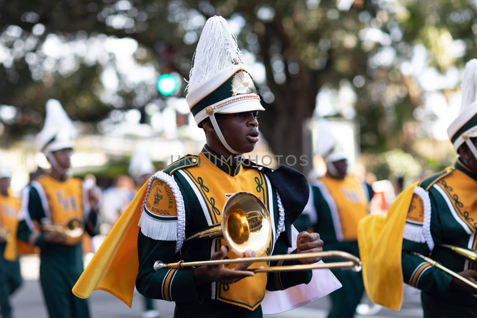 New Orleans, Louisiana USA - November 24, 2018: The Bayou Classic Parade, Members of the  Langston Hughes High School marching band performing at the parade