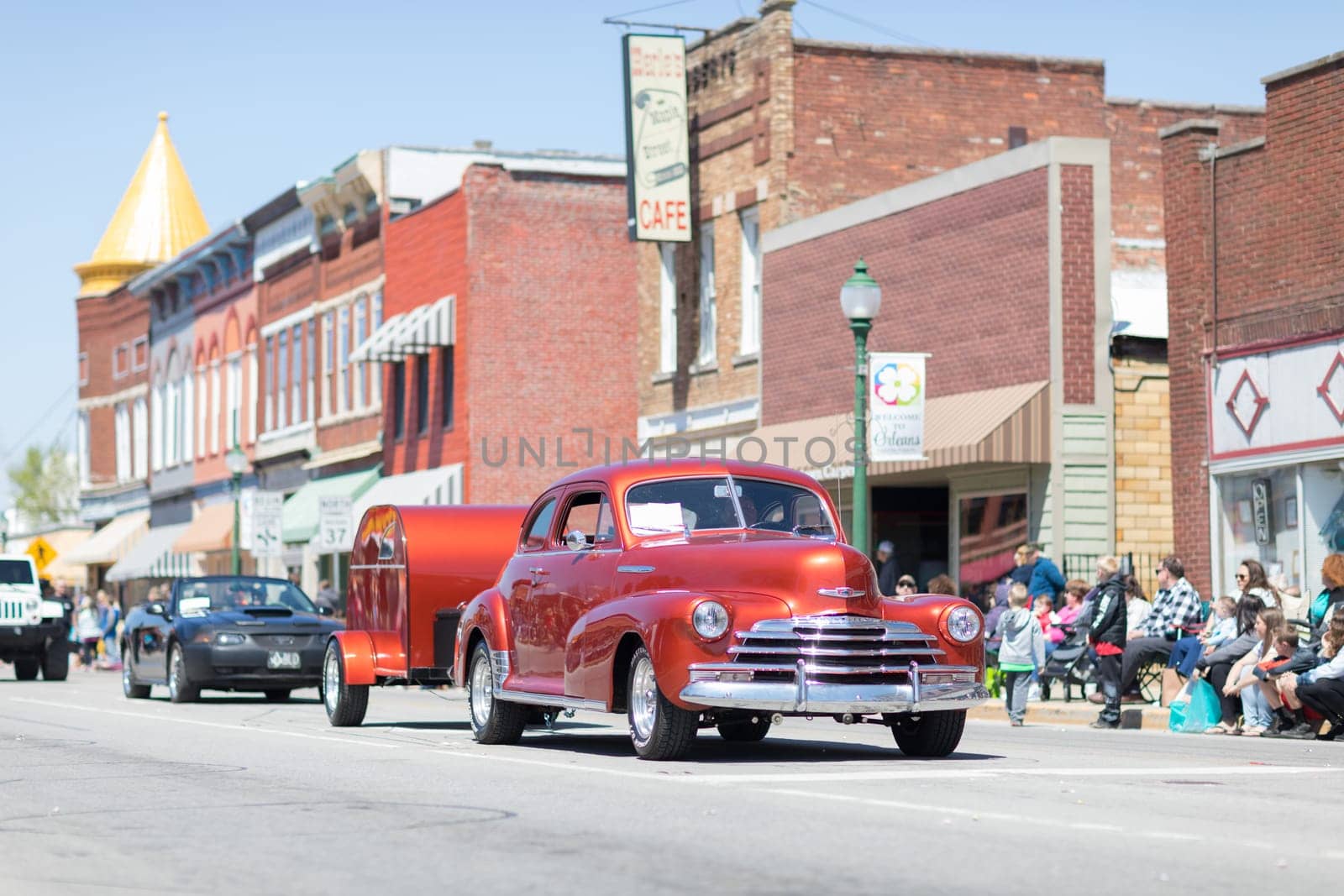 Orleans, Indiana, USA - April 28, 2018: The Orleans DogWood Festival and Parade, A classic car going down the street during the parade a Chevrolet Stylemaster color Red