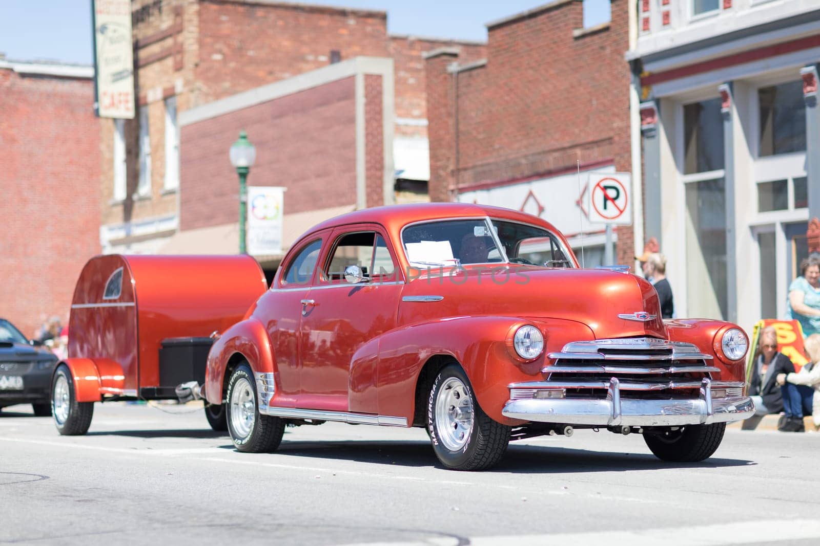 Orleans, Indiana, USA - April 28, 2018: The Orleans DogWood Festival and Parade, A classic car going down the street during the parade a Chevrolet Stylemaster color Red
