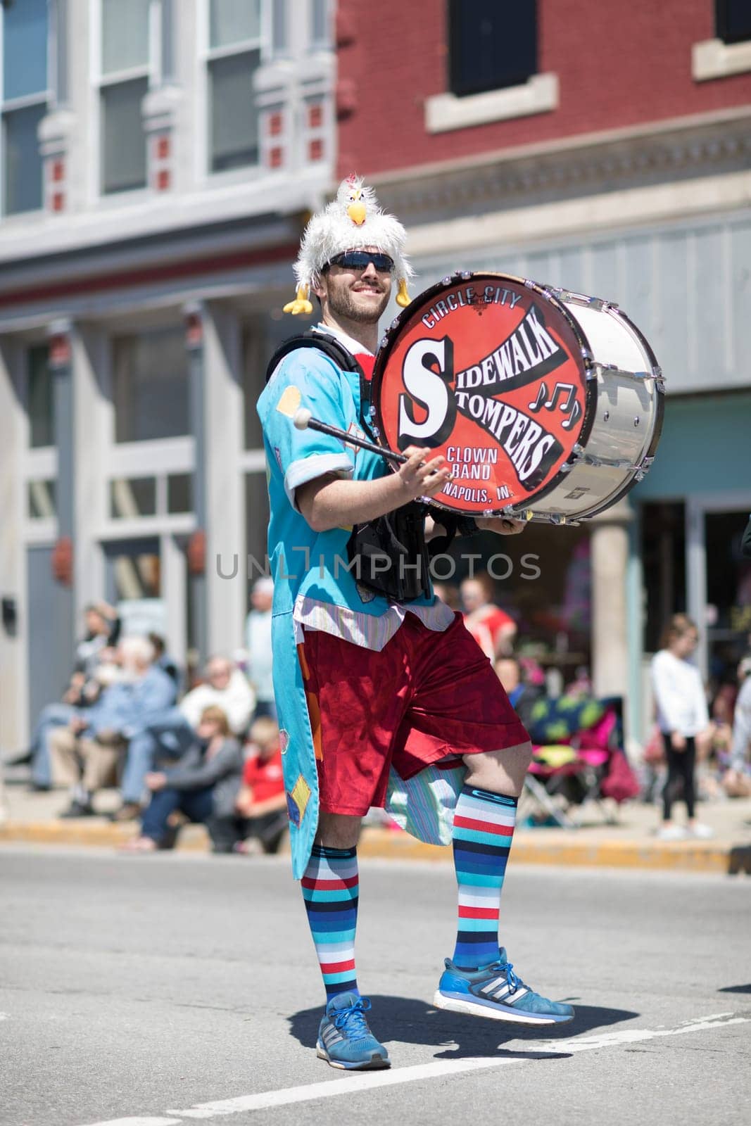 Orleans, Indiana, USA - April 28, 2018: The Orleans DogWood Festival and Parade, The Circle City Sidewalk Stompers Clown Band Performing during the festival