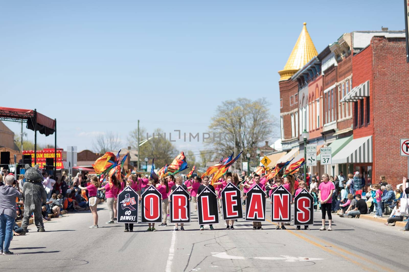 Orleans, Indiana, USA - April 28, 2018: The Orleans DogWood Festival and Parade, Orleans High Shcool marching band Go Dawgs Perform during the parade