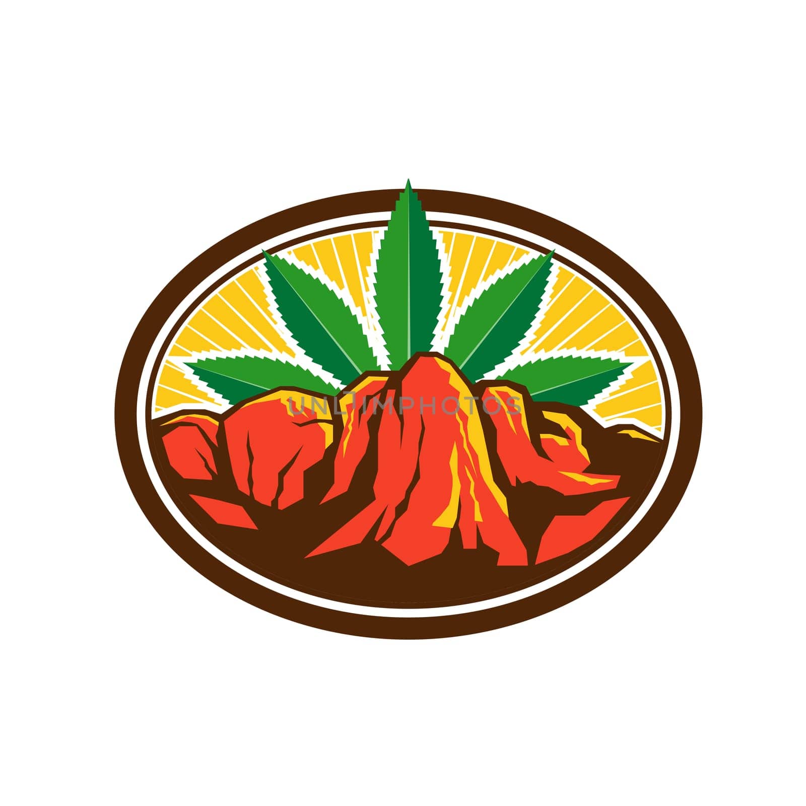 Retro style illustration of a red canyon and steep cliff with hemp leaf in background set inside oval shape on isolated background.