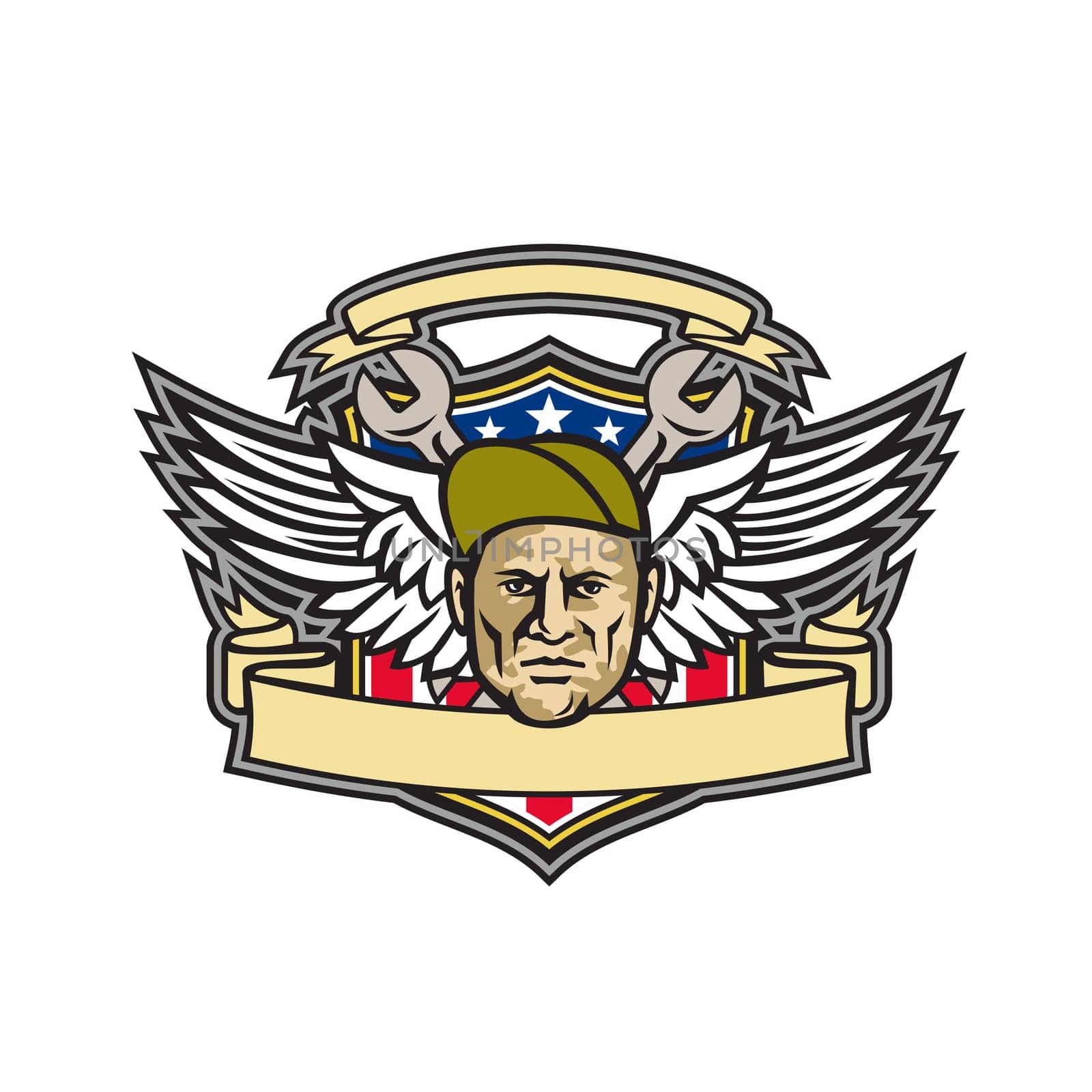 Mascot icon illustration of head of a crew chief or aircraft mechanic with crossed wrench and air force army wings with American stars and stripes flag inside shield on isolated background in retro style.