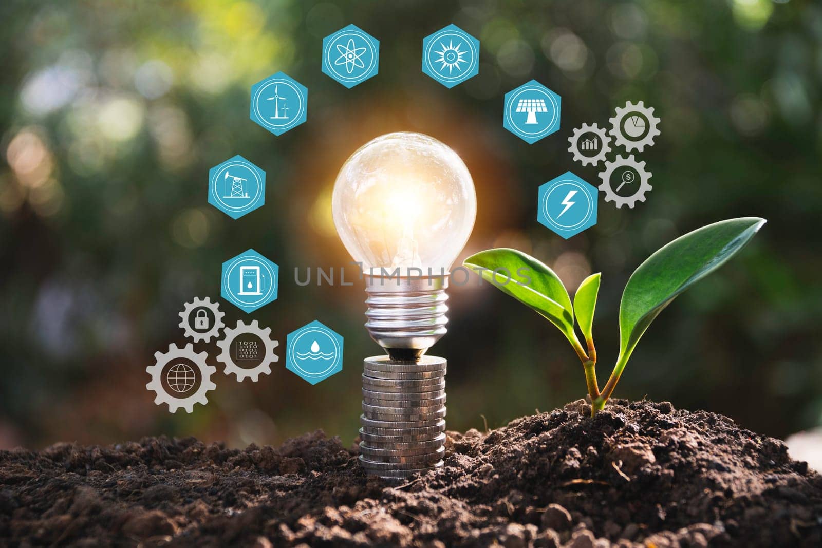 Light bulbs with glowing one. technology and creativity concept with light bulbs and copy space for insert text