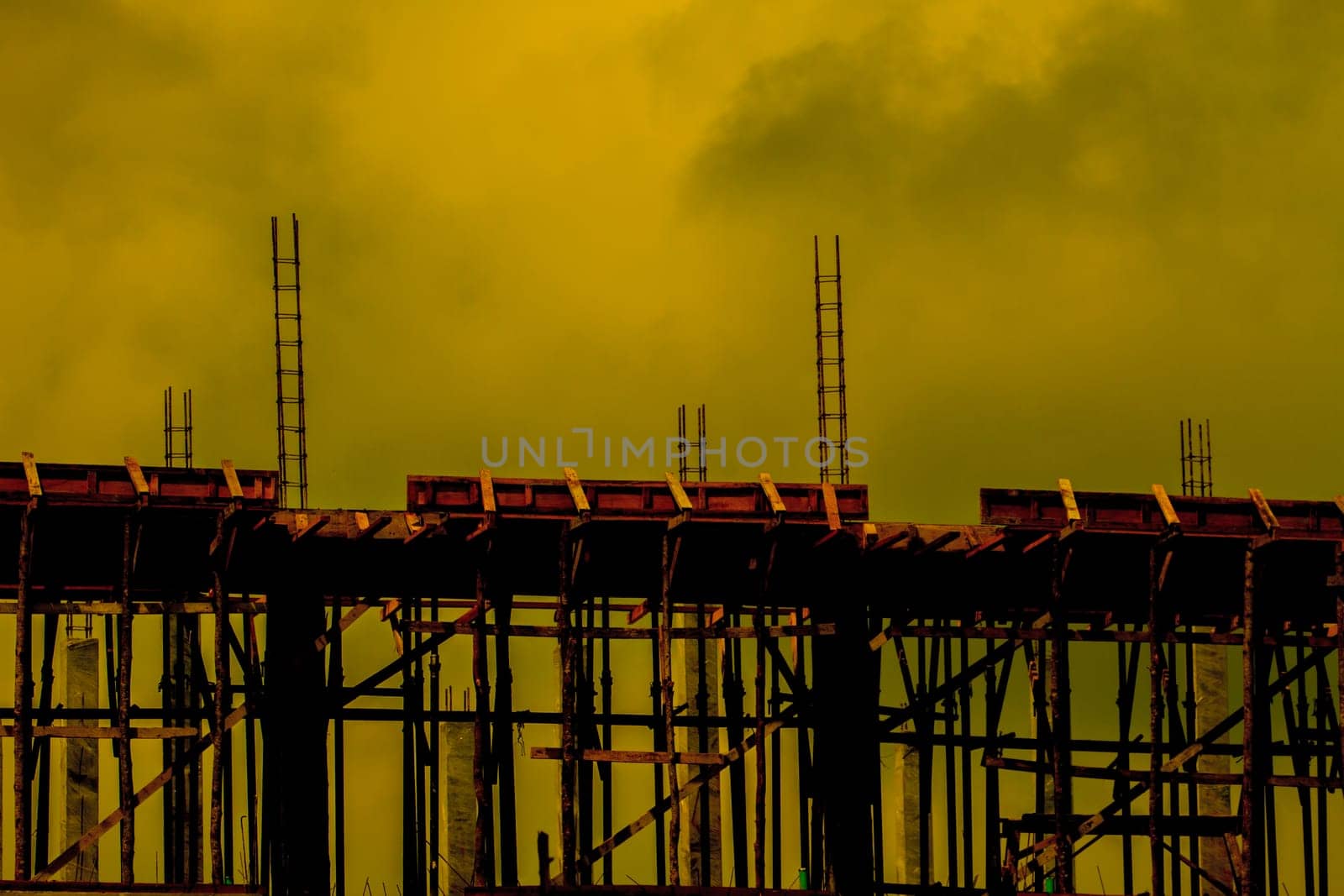 new building construction site, close up detail construction on silhouettes