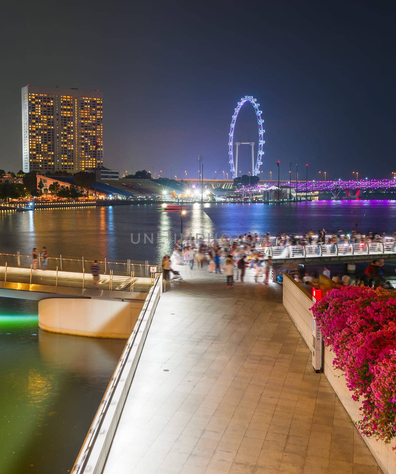 Tourists walking by Singapore embankment, illuminated Flyer, city skyline with modern architecture in background