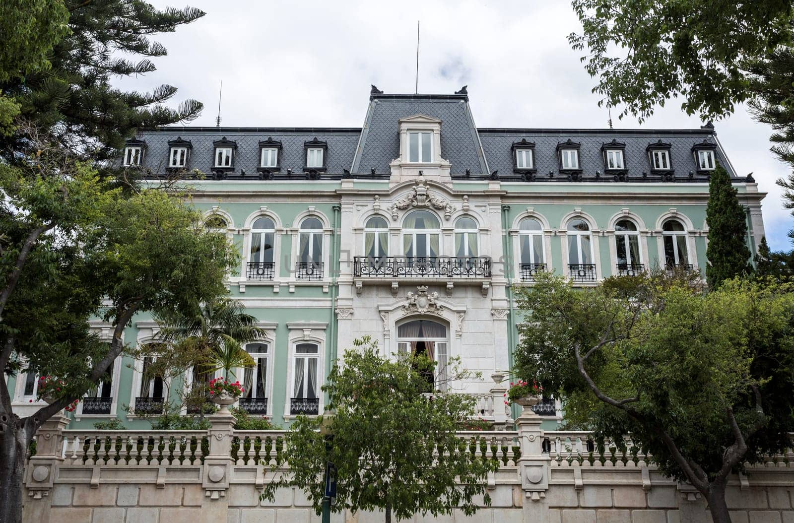 View of the sumptuous neoclassical Vale Flor Palace built in early 20th century in Lisbon, Portugal
