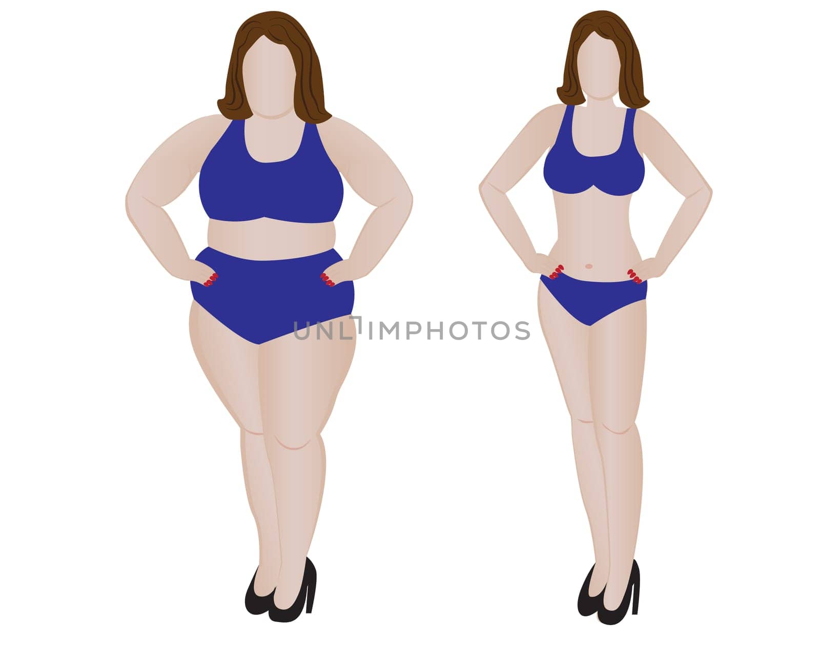 Fat and slim girl. Weight loss obesity slimming before and after fitness. Vector illustration