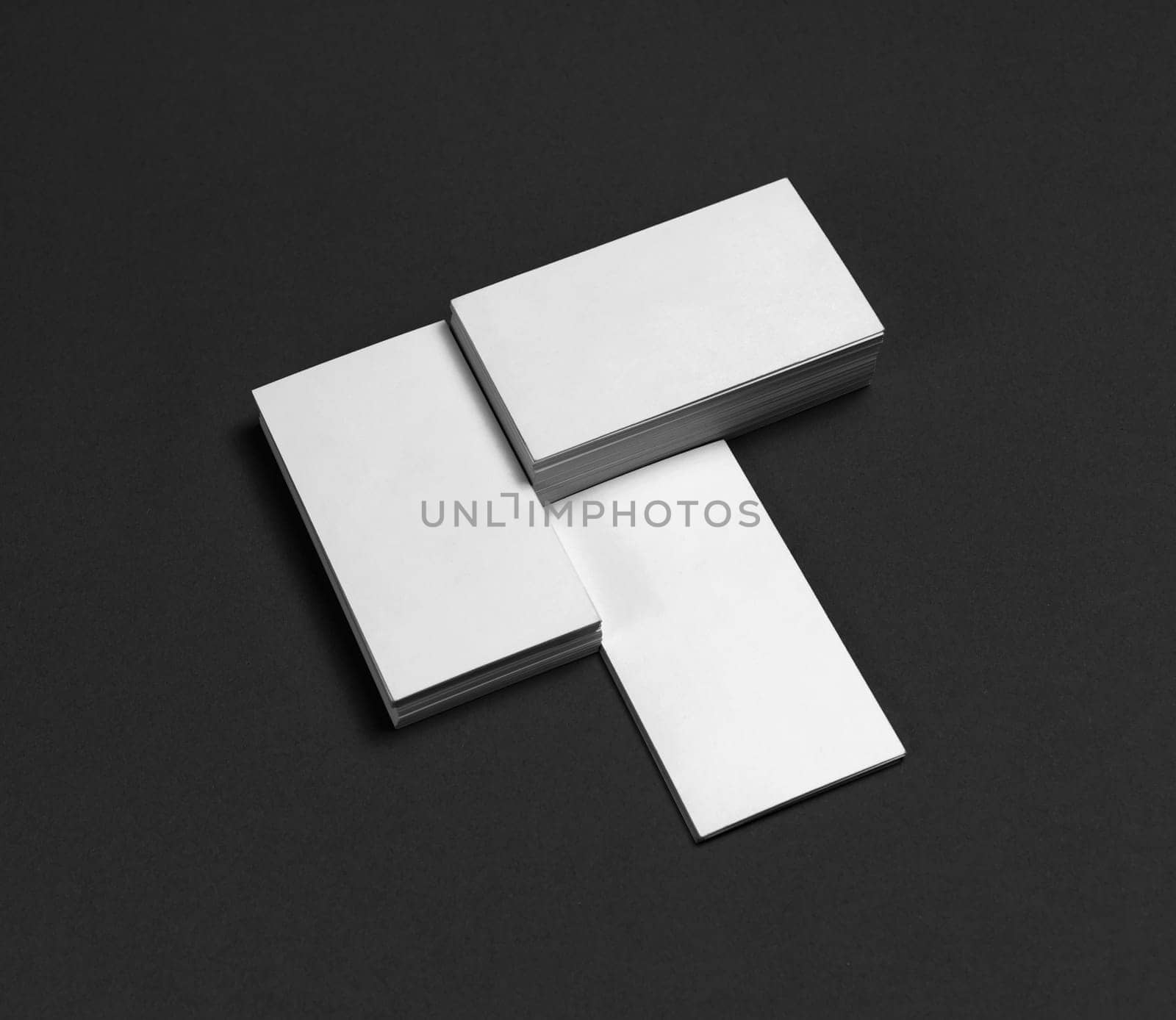 Photo of blank business cards. Responsive design mockup.