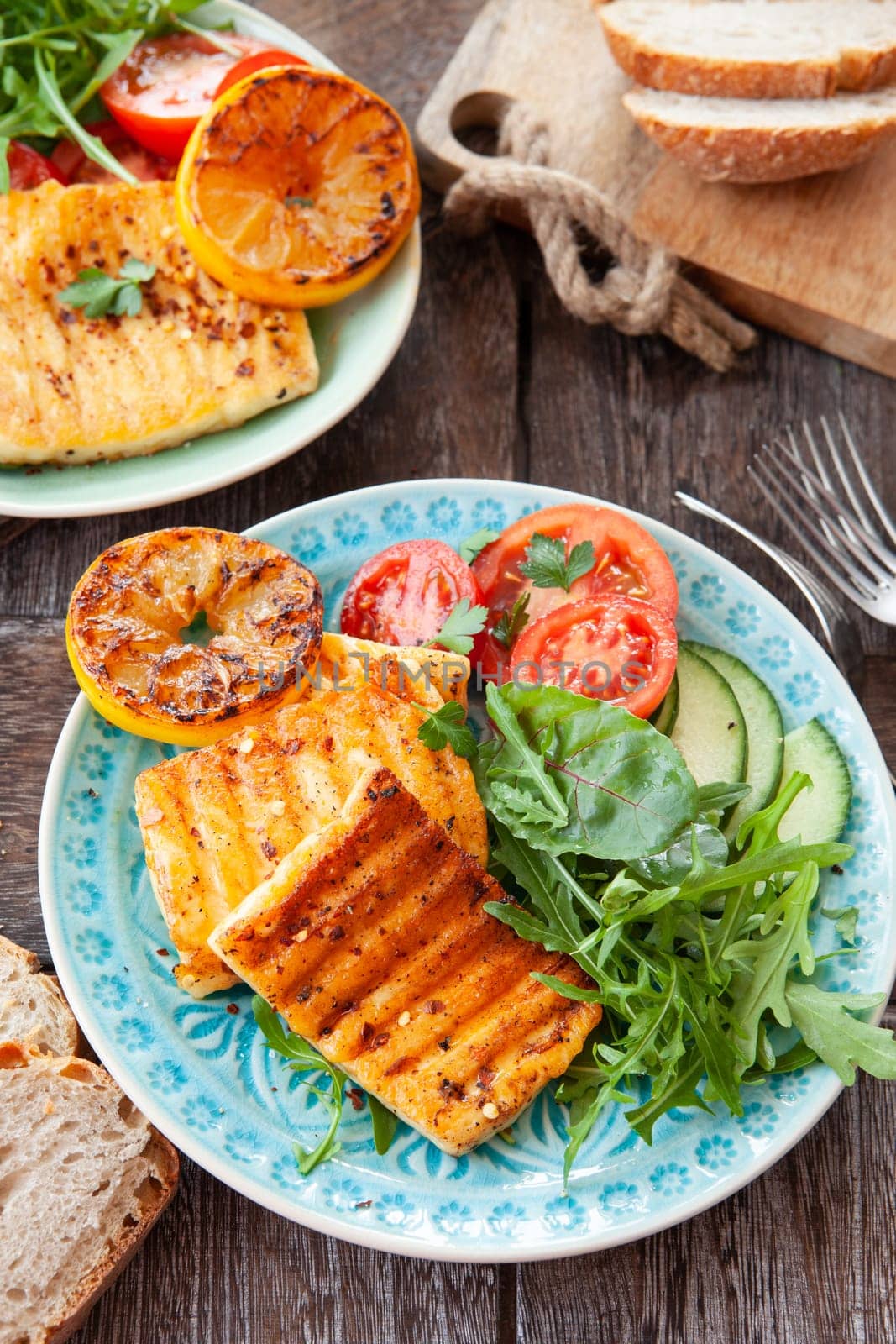 BBQ grilled cheese with fresh salad and bread
